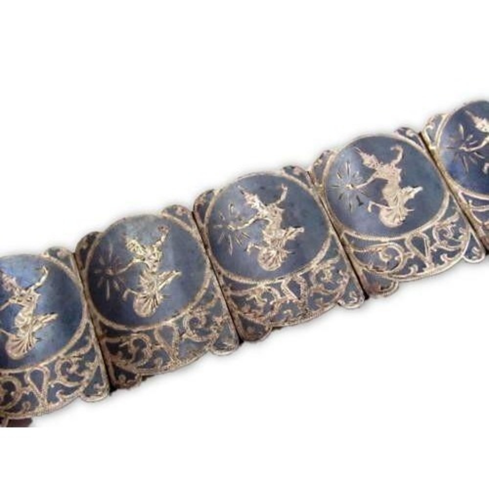 Vintage Old Siam Dancers Panel Linked Enamel Sterling Silver 925 Bracelet‎